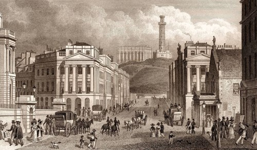 Waterloo Place, the National and Nelson's Monuments, Calton Hill, Edinburgh, Scotland, 19th