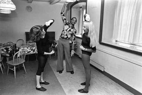 The pop group ABBA. Its two female members Anni-Frid Lyngstad and Agnetha Fältskog practice and