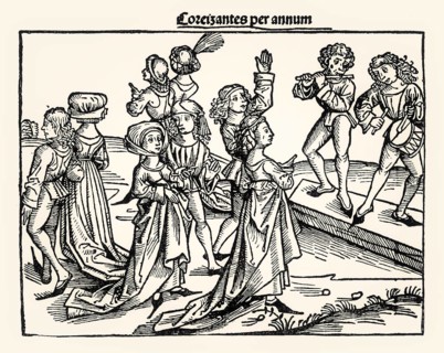 Nuremberg Chronicle, dancing couples, 1493, Anton Koberger, digitally restored
