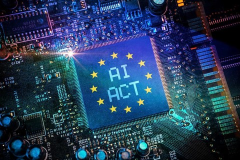 Computer chip with European flag and inscription AI Act, AI regulation, photomontage
