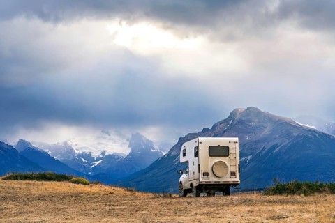 A pickup camper near Los Glaciares National Park in Patagonia, El Calafate, Santa Cruz, Argentina