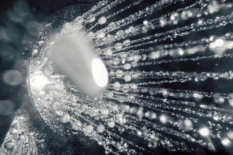 Shower head with flow of water closeup
