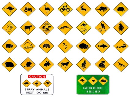 Australian warning road signs from Australia highways. Wildlife animals: Emu, Echidna, Tasmanian