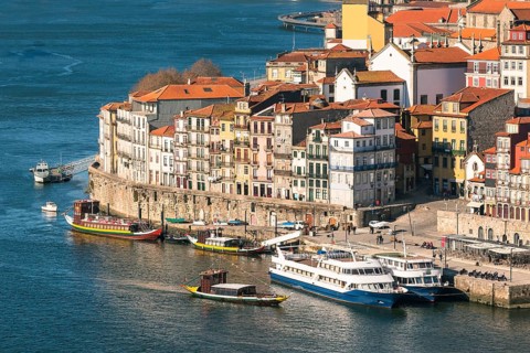 Overview of Old Town of Porto, Portugal. Ribeira and Douro river