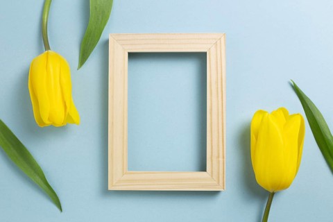 Wooden photo frame with yellow tulip flowers on blue background. top view, copy space