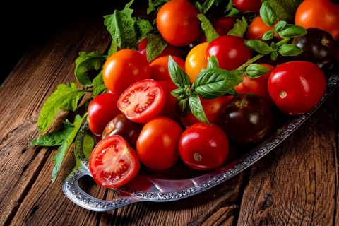 Various types of tomatoes served and presented on the silver platter