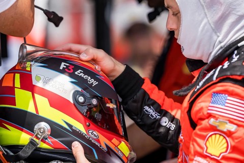 SANTINO FERRUCCI (14) of Woodbury, Connecticut prepares to practice for the Hy-Vee Homefront 250 at