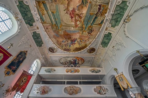 Organ loft and ceiling frescoes, St George and Florian is a listed Catholic parish church in