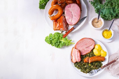 A delicious real Oldenburg kale with peeled sausage