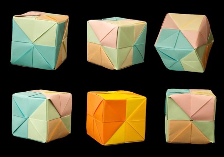 Paper made multi colored patterned cubes folded origami style