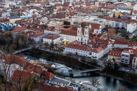 View from the Schlossberg to Murinsel and the Mariahilferkirche, Old Town of Graz, Styria, Austria