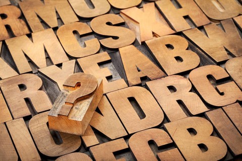 Question mark and alphabet in vintage letterpress wood type