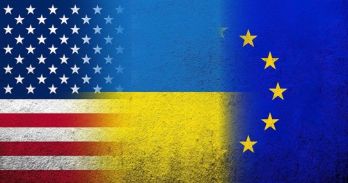 National flag of Ukraine, United States of America USA national flag and Flag of the European Union