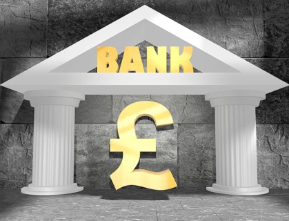 Abstract white bank building. Text and money signs. 3D rendering