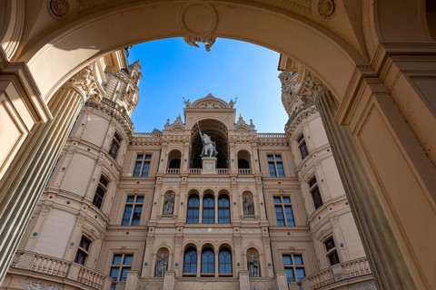 Portal at the entrance to Schwerin Castle, main façade with equestrian statue of the Abodrite