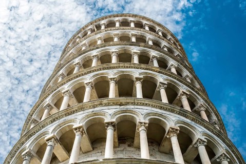 Leaning Tower of Pisa. Close up on blue sky