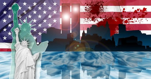 American patriotic composition of New York with Manhattan skyline and Twin Towers reflected in