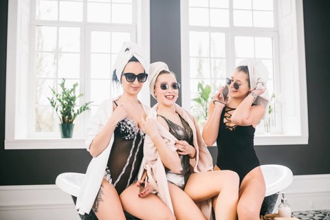 Theme female friendship. Party girlfriends, relaxation and spa procedures, hen party. Three