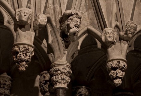 GB York Minster Chapter House Gaff heads with grimace cutter in d centre, St., Saint, Saint