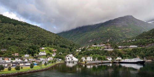 View of Hellesyltfossen, a waterfall in Hellesylt, Norway