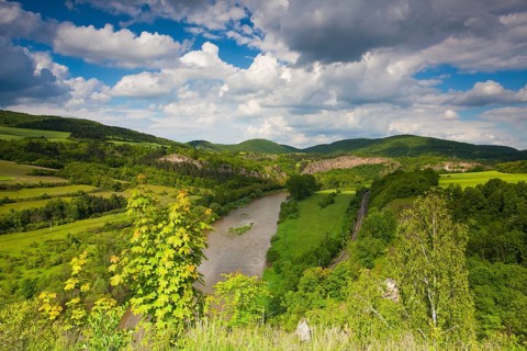 View from the hill into the valley with the Berounka river. Berounka river, limestone rocks,