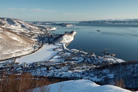 Beautiful winter Kamchatka landscape: top view of the Petropavlovsk-Kamchatsky City, Avacha Bay and