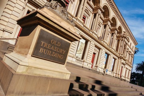 MELBOURNE, AUSTRALIA - JANUARY 8 2025: Old Treasury Building on a hot summer's afternoon in