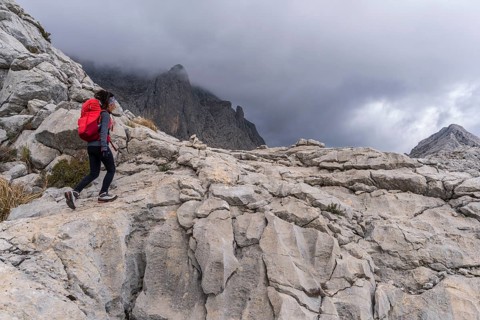 Hiker on the crest of Puig de Ses Vinyes, 1105 metres, sierra de tramuntana, Escorca, Majorca,