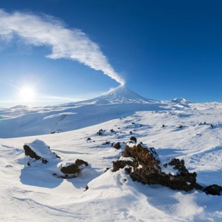 Best mountain travel destination for active vacation in winter season, snowy volcanic landscape and