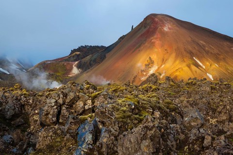 Magic sunrise in the National Park Landmannalaugar, Iceland. Mountains and hardened lava lit the