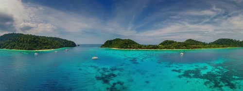 Aerial panorama view of beauty nature landscape with beach, corals and sea on tropical Koh Rok