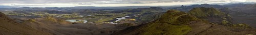 View from Sveinstindur mountain, mossy hills, mountains, Skaftá river, panoramic view, Icelandic