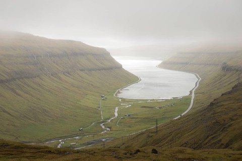 View towards Kollafjordur bay on the Faroe Islands as seen from the surrounding mountain, Faroe