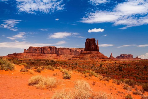 Iconic peaks of rock formations in the Navajo Park of Monument Valley in Utah