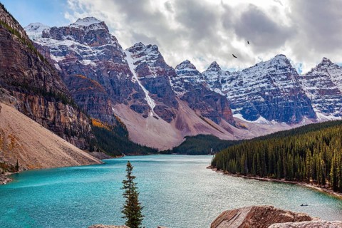 Canada. The most beautiful mountain lake Moraine. The picturesque valley of the Ten Peaks surrounds