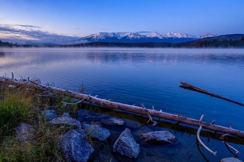 Beautiful autumn landscape scene in mountain in background in Jasper National Park west Canada with