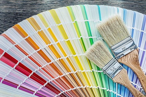 Colour pantone fan paintbrushes on wooden board