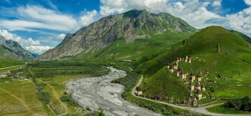 Aerial panorama of Dead Town Dargavs In North Ossetia. The ancient cemetery of the Alans. Many