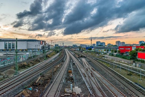 Berlin railway tracks with TV Tower in background, Germany