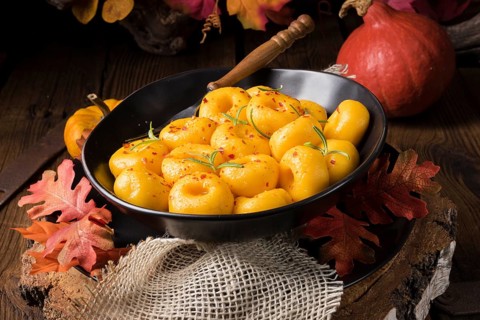 Delicious autumnal dumplings with hokkaido pumpkin puree