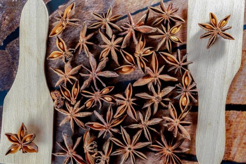 Close-up of Star anise seeds with two wooden spoons
