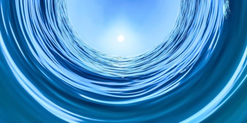 Curved tunnel blue ocean with sun 3d illustration