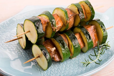 Salmon and courgette shashlik