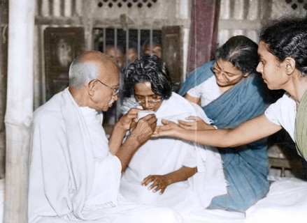 Mahatma Gandhi with Amtus Salam drinking juice breaking fast, Bangladesh, Asia, January 20, 1947