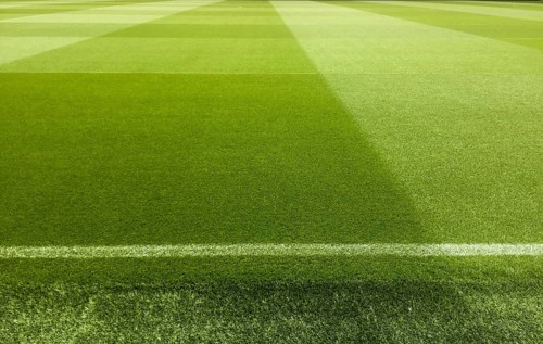 An empty football stadium with green grass