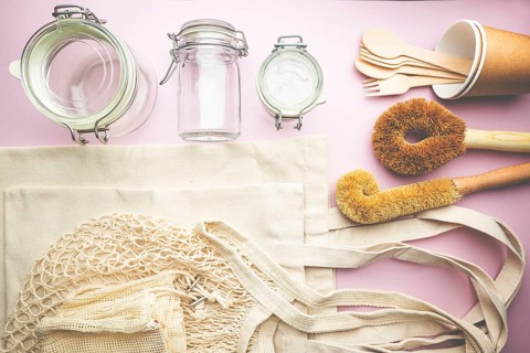 Zero waste conception, cotton bags and glass gars for free plastic shopping
