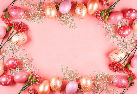 Abstract Easter composition, spring banner with carnation flowers and painted eggs with place for
