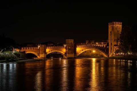 Castlevecchio Bridge over the Adige River in Verona at Night, Italy