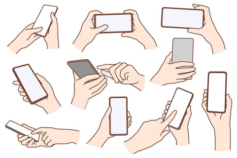 Set of people hold smartphone gadget with mockup screen use internet or social media. Collection of