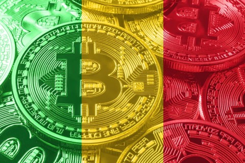 Mali bitcoin flag, national flag cryptocurrency concept black background